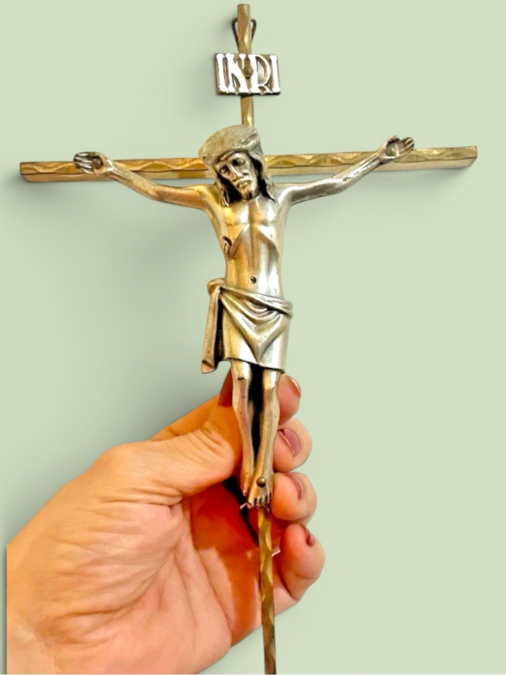 Vintage Crucifix Jesus on Cross Silver Metal Wall Hanging West Germany 12 Inches